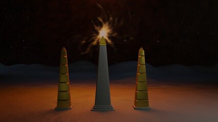 Obelisks emits energy, fire and flames. Towering golden tip obelisk with smaller gold obelisks at sides. Central obelisk emitting energy flare, flaming effect.. 3d render illustration