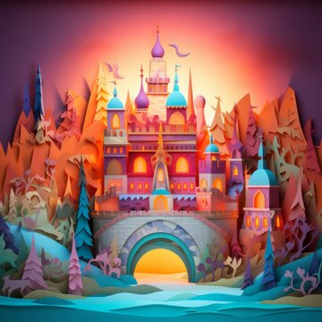 Digital illustration of a vibrant colorful fantasy castle, medieval, fairy tale storybook paper craft style diorama. Made in part with generative ai.

