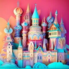 Digital illustration of a vibrant colorful fantasy castle, medieval, fairy tale storybook paper craft style diorama. Made in part with generative ai.
