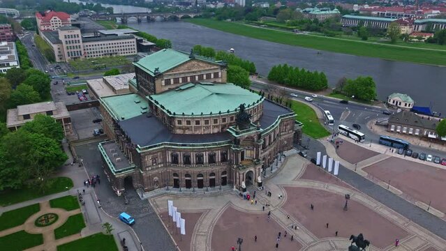 Drone shot of The Semperoper Dresden . It is the opera house of the S&auml;chsische Staatsoper Dresden (Saxon State Opera) and the concert hall of the Staatskapelle Dresden (Saxon State Orchestra)