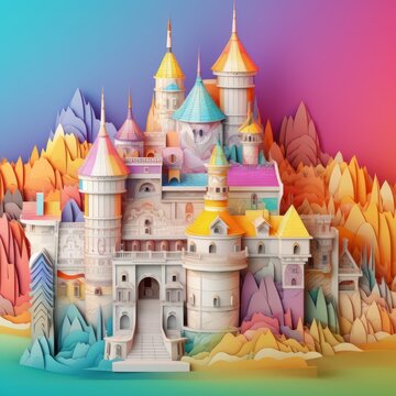 Digital illustration of a vibrant colorful fantasy castle, medieval, fairy tale storybook paper craft style diorama. Made in part with generative ai.

