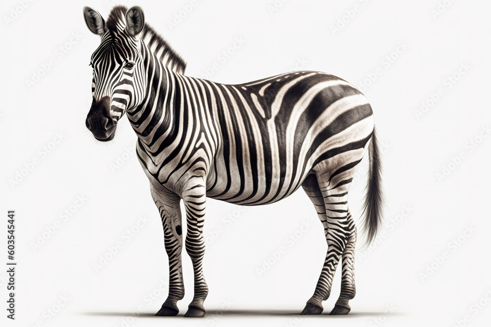 Poster a zebra standing in front of a white background. generative ai.