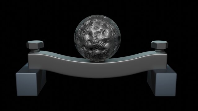 Heavy mass deforming steel beam. Heavy weight force applied to metal beam causes bending deformation.  Metal object bends under stress from external load. 3d  render illustration.