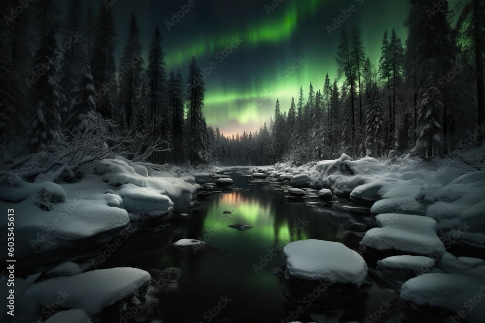Poster a stream running through a snow covered forest. generative ai.