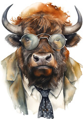 A watercolor painting of a bull with a tie and glasses with Generative AI