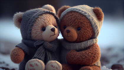 Two cute teddy bears are playing in the snow Ai generated image