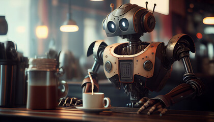 Robot working in a coffee shop instead of human Ai generated image
