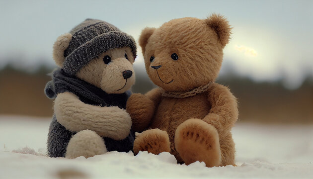 Two cute teddy bears are playing in the snow Ai generated image
