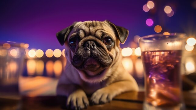 Portrait of pug dog at the outdoor summer holiday resort beach bar enjoying a cocktail drink alone waiting for best friend, sunset blue night sky and relaxing vacation celebration - generative AI