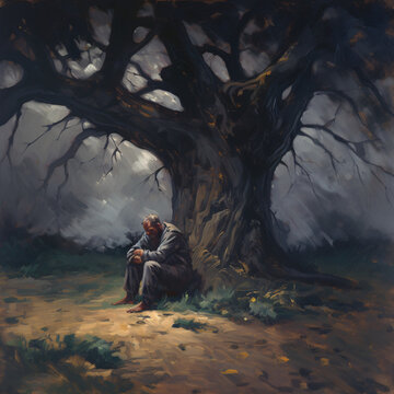 A lonely man sitting under a dead tree Generative Ai