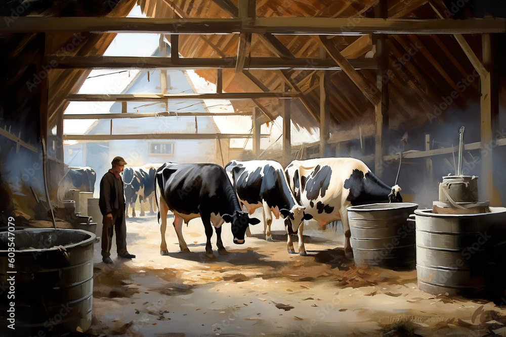 Poster a painting of a group of cows in a barn. generative ai.