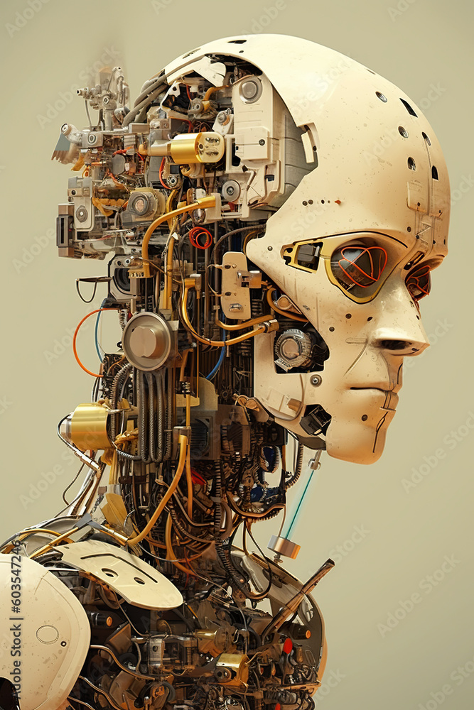 Poster a white robot's head, artificial ai, deconstructivism, distorted lines and shapes. generative ai.