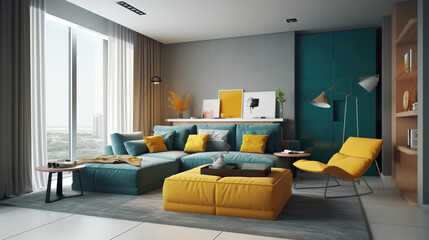 A living room filled with furniture and a large window. Generative AI. Interior with vibrant cyan and yellow color accents.