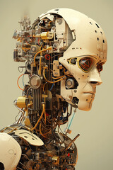 Fototapeta premium A white robot's head, artificial AI, deconstructivism, distorted lines and shapes. Generative AI.