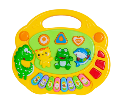 Bright plastic green and yellow multifunctional 8 keys kids toy piano / keyboard with animals for babies and toddlers on a transparent background png
