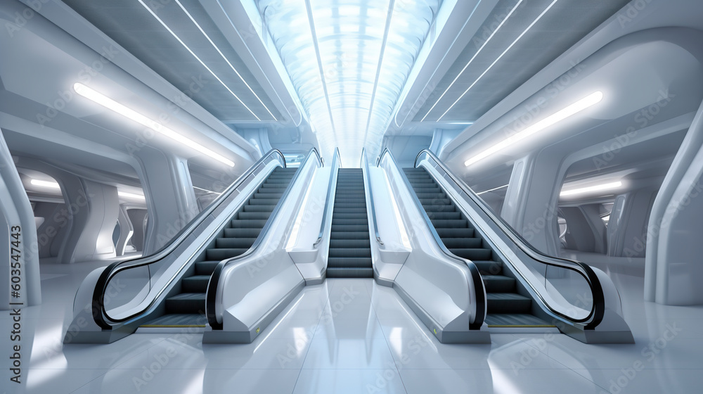 Poster two escalators in a building with a skylight above them. generative ai.