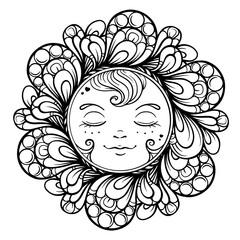 Black and white ornamental sun coloring page.