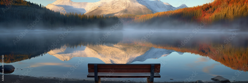 Aufkleber a bench sitting in front of a lake with mountains in the background. generative ai.