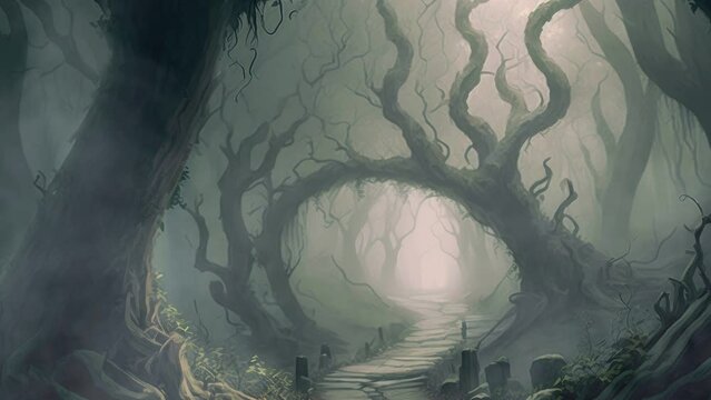 Misty and mysterious forest with ancient trees shrouded in fog and a winding path leading deeper into the woods. Generative AI
