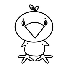 Dibujo de línea de vectores de pollito con hojas de árbol en la cabeza mirando a enfrente. Lindo pollito viendo a enfrente.