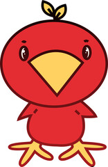 Dibujo a color de pollito rojo con hojas de árbol en la cabeza mirando a enfrente. Lindo pollito viendo a enfrente color rojo.