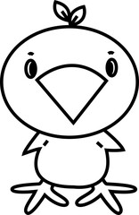 Dibujo de l&iacute;nea de pollito con hojas de &aacute;rbol en la cabeza mirando a enfrente. Lindo pollito viendo a enfrente.