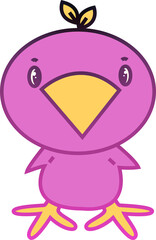 Dibujo a color de pollito púrpura con hojas de árbol en la cabeza mirando a enfrente. Lindo pollito viendo a enfrente color púrpura.
