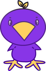 Dibujo a color de pollito violeta con hojas de árbol en la cabeza mirando a enfrente. Lindo pollito viendo a enfrente color violeta.