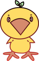 Dibujo a color de pollito amarillo con hojas de árbol en la cabeza mirando a enfrente. Lindo pollito viendo a enfrente color amarillo.