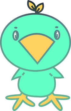 Dibujo a color de pollito turquesa con hojas de &aacute;rbol en la cabeza mirando a enfrente. Lindo pollito viendo a enfrente color turquesa.