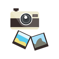 Photo camera with photos on white background