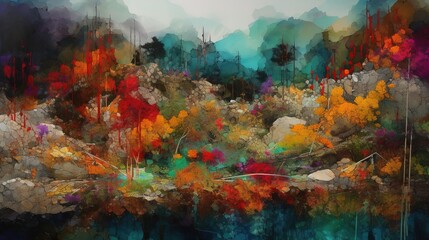 Obraz na płótnie Canvas Abstract landscape mixed media collage art