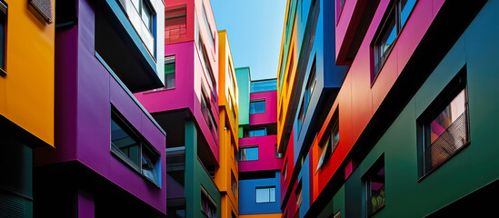 Colorful housing. An housing complex, apartment or multi floor resedential building with each unit in different colors. Blue sky in the background. Hand edited generative AI