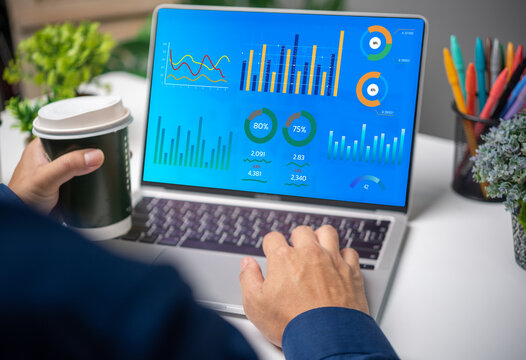 business analysis and Data Management System financial KPI data profits dashboard on computer. working with big data finance management technology. business intelligence marketing report.