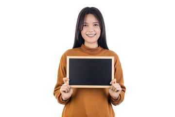 Happy Young Asian woman showing blank board isolated on white background with clipping path.