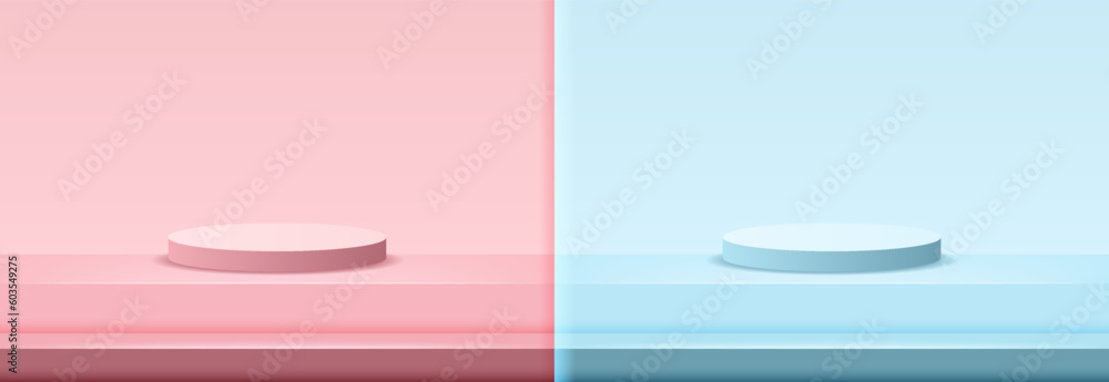 Poster pink light blue podium empty studio with room floor 3d rendering showing product display background