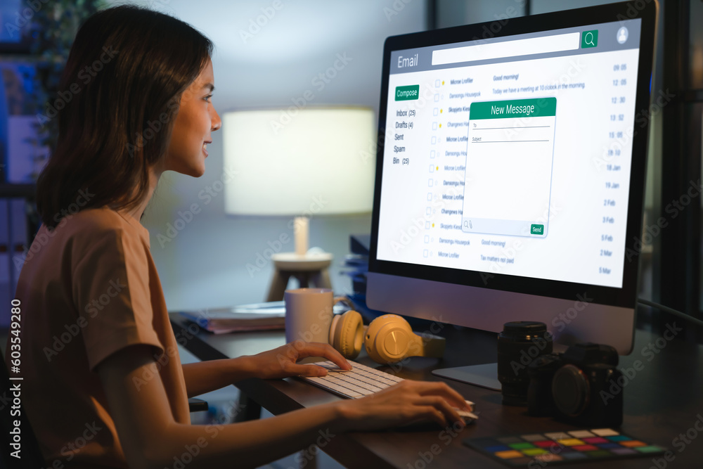 Poster woman using computer on table and write an email on website, communication connection message to glo