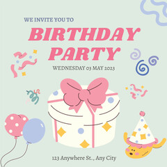 birthday party invitation card, with colorful cute design