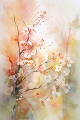 Obraz na płótnie Canvas Beautiful abstract watercolor spring blossoms, flowers, branches, for wallpaper and as a design element. Made in part with generative AI 