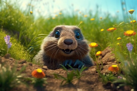 Spring Arrival With A Groundhog Coming Out Of Its Burrow, Generative Ai