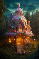 Digital illustration of a fantasy candy house, fairy tale sweet cottage hidden in the woods, evocative, mysterious, spooky magical concept. Made in part with generative ai.
