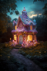 Fototapeta premium Digital illustration of a fantasy candy house, fairy tale sweet cottage hidden in the woods, evocative, mysterious, spooky magical concept. Made in part with generative ai. 