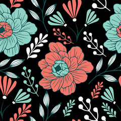 Seamless floral background pattern with green, red, and white flowers and leaves on dark background