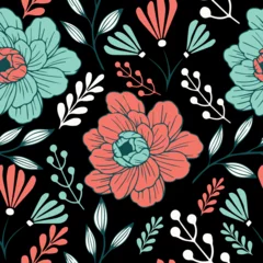 Badkamer foto achterwand Seamless floral background pattern with green, red, and white flowers and leaves on dark background © AhmedSherif