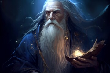 Illustration of a contemplative Blue Robed Wizard, wise and learned, pondering the mysteries of life. Ideal as a concept image or for an RPG game. Made in part with generative ai.
