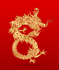 Traditional chinese Dragon gold zodiac sign number 8 infinity isolated on red background for card design print media or festival. China lunar calendar animal happy new year. Vector Illustration.