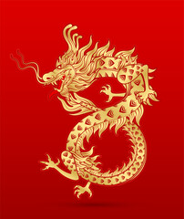 Traditional chinese Dragon gold zodiac sign number 8 infinity isolated on red background for card design print media or festival. China lunar calendar animal happy new year. Vector Illustration.