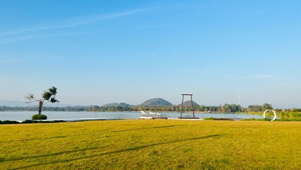 Natural landscape of reservoir lake at Ang Kep Nam Chat Pa Wai, Suan Phueng, Thailand.