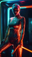 Photo realistic illustration of a cyberpunk girl, synthwave club. Anatomy and lighting reference. Generative AI.
