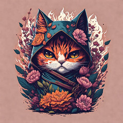 warrior cat, vector design, vibrant colors, AI generated